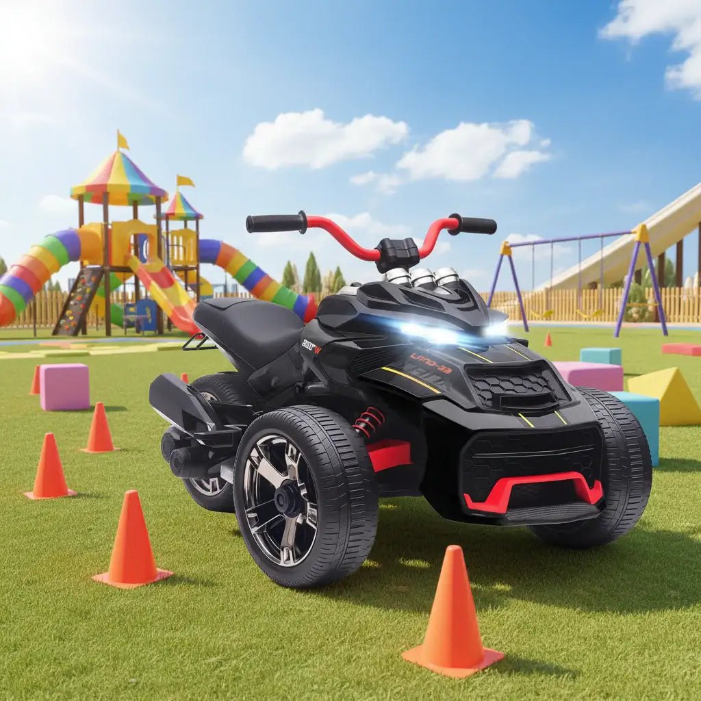 12V Kids Electric Ride-On 3 Wheeler ATV – Black | LED Lights and USB Music AIYAPLAY