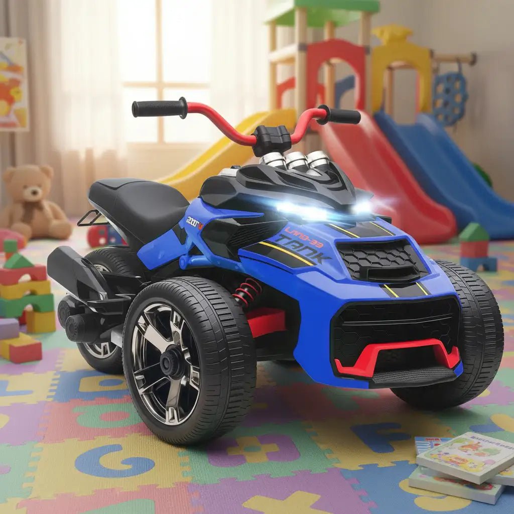 12V Kids Electric Ride-On 3 Wheeler ATV – Blue | LED Lights and USB Music AIYAPLAY