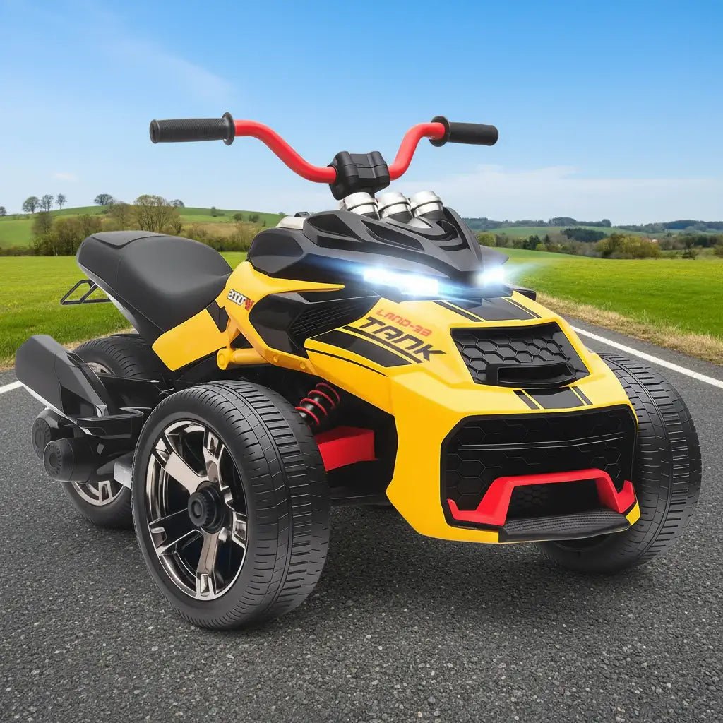 12V Kids Electric Ride-On 3 Wheeler ATV – Yellow | LED Lights and USB Music AIYAPLAY