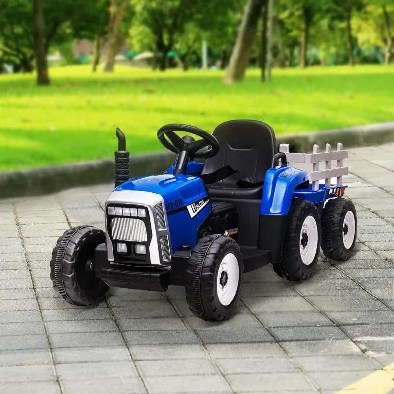 12V Kids Electric Ride-On Tractor - Blue | Detachable Trailer, Dual Control and Music HOMCOM