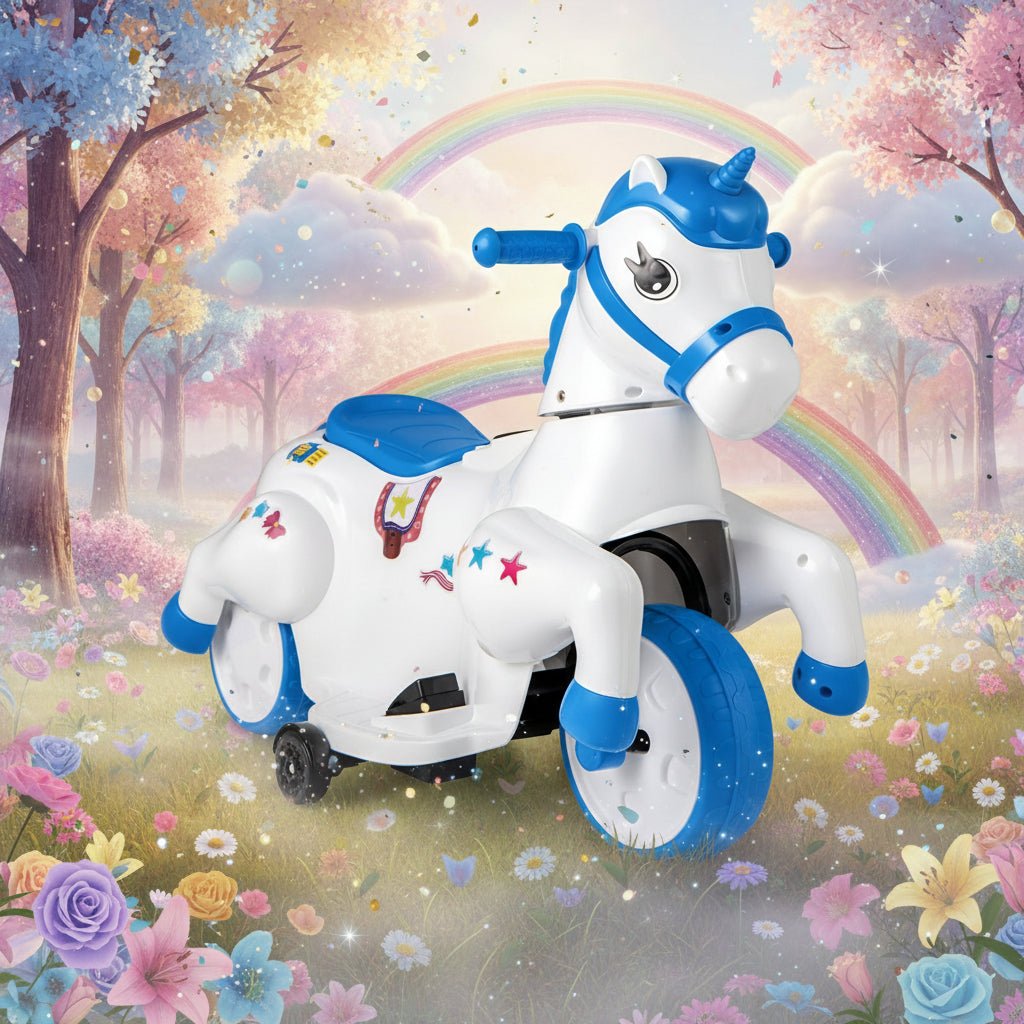 12V Kids Ride-On Unicorn - Blue and White | Dual Driving Modes with Galloping Horse Action COSTWAY