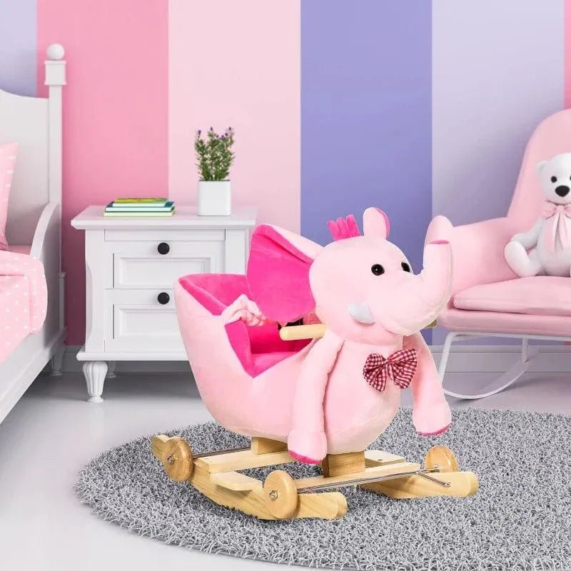 2-in-1 Rocking Horse Elephant – Pink Plush | Stroller Conversion and 32 Nursery Rhymes HOMCOM
