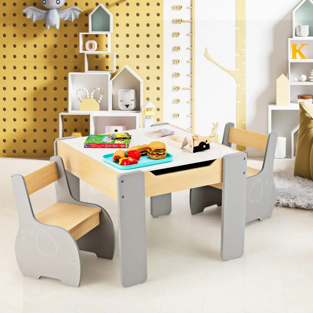 4-in-1 Kids Activity Table and Chair Set - Grey | Reversible Top and Storage COSTWAY