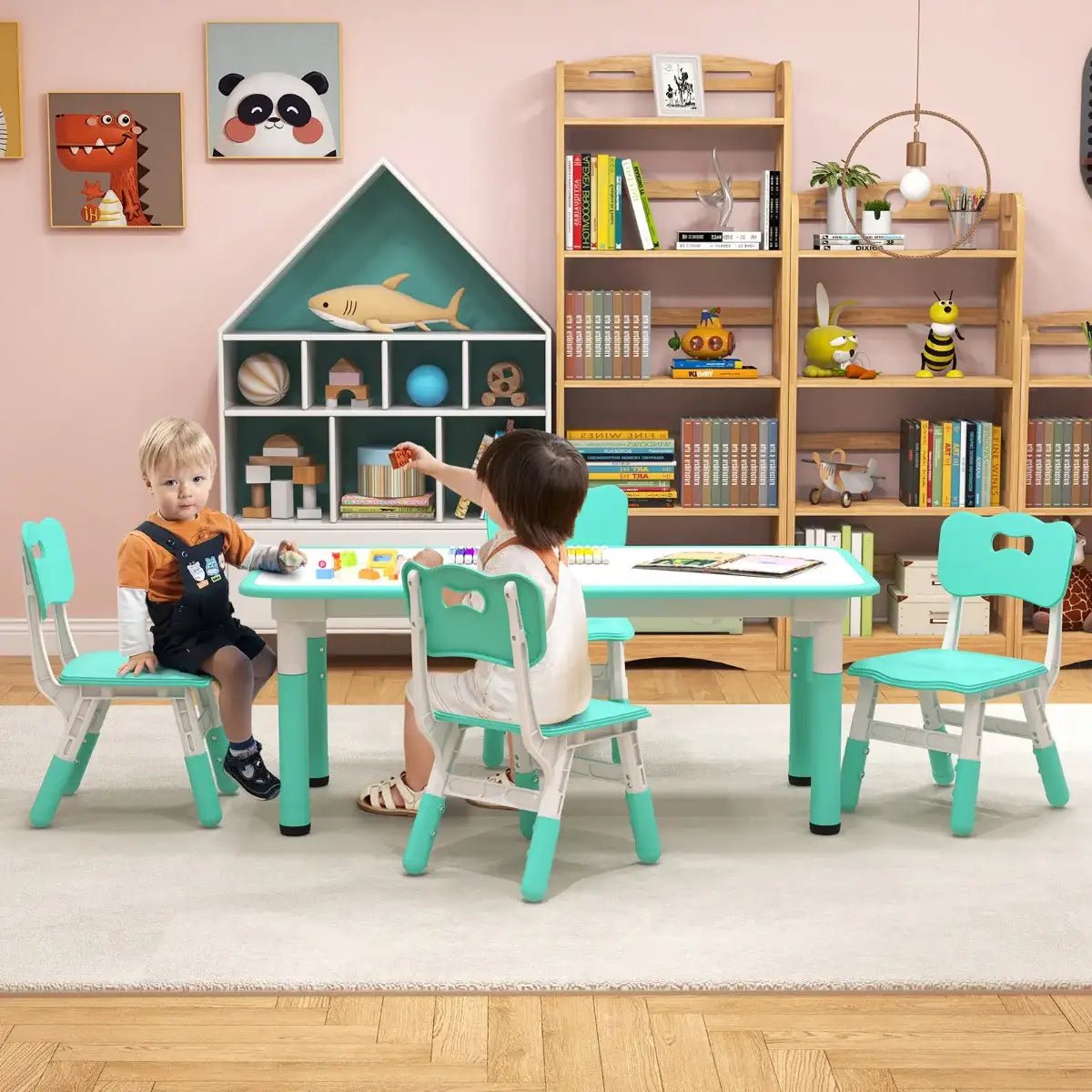 5-Piece Kids Adjustable Table and Chair Set – Green | Graffiti Desktop - 4 Stackable Chairs COSTWAY