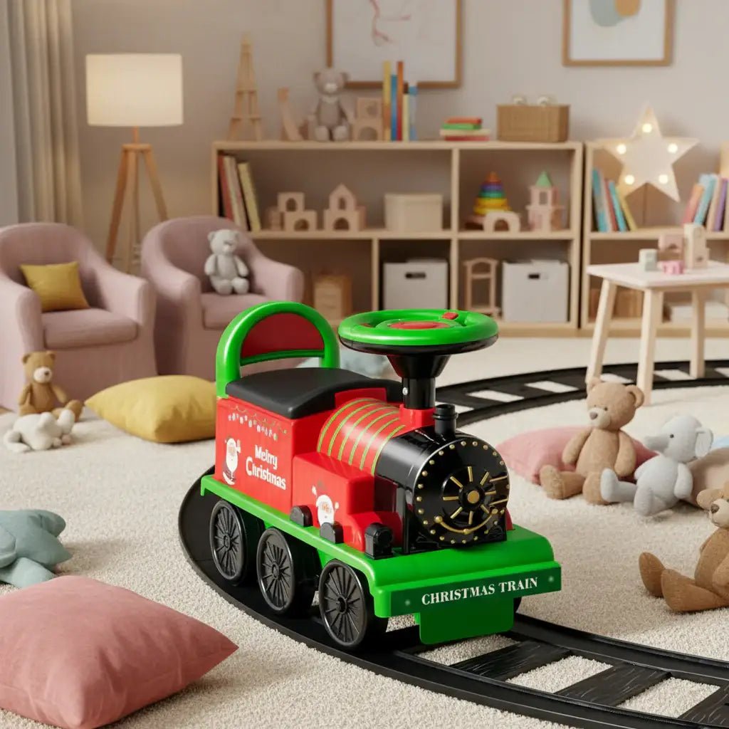 6V Kids Electric Ride-On Train with Track – Christmas | Whistle, Lights and Hidden Storage COSTWAY