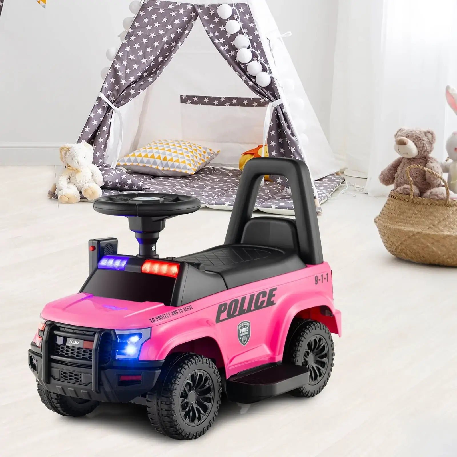 6V Kids Ride-On Police Car - Pink | Flashing Lights, Siren and Megaphone COSTWAY