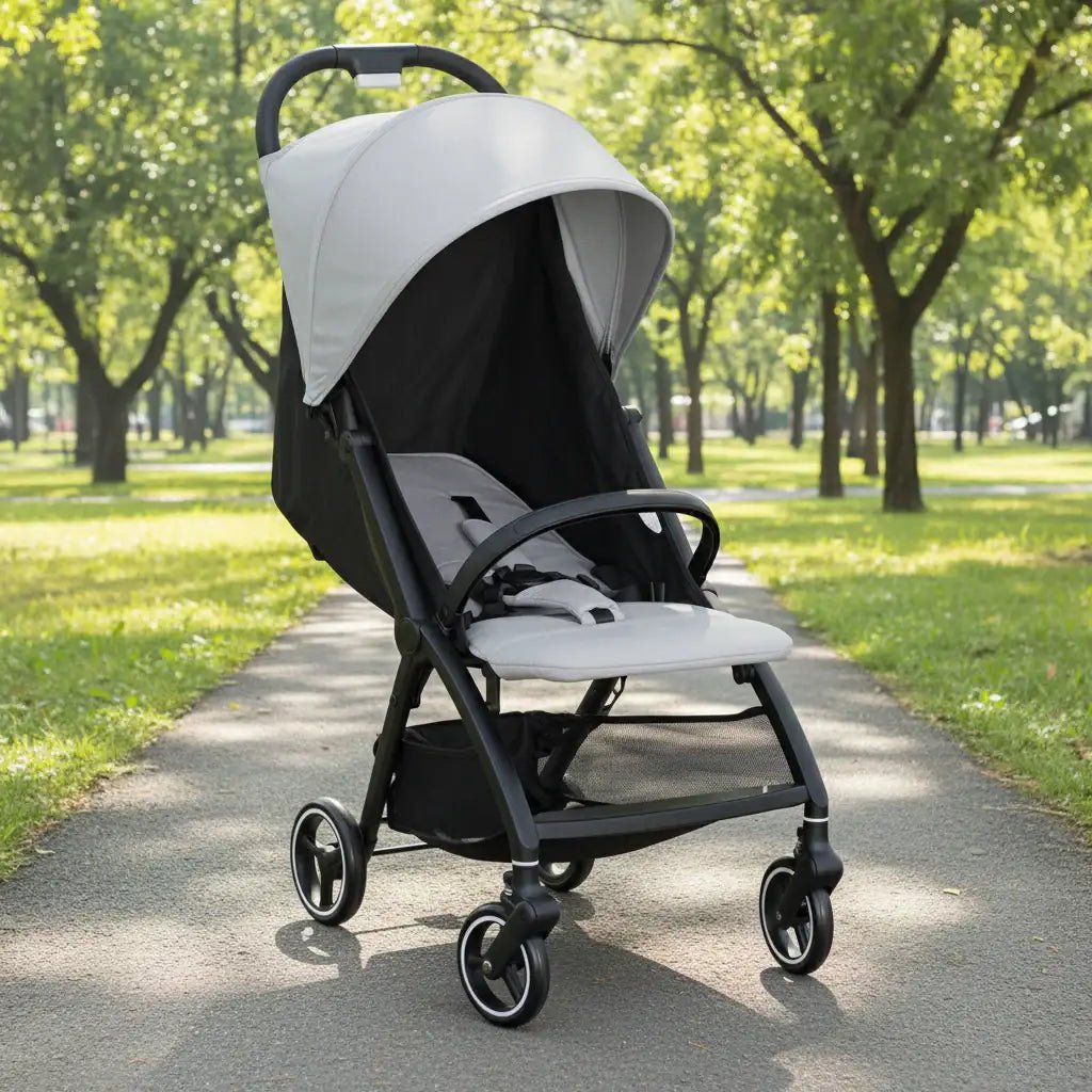 Lightweight Baby Stroller with Canopy – Light Grey Compact Pram | One-Hand Fold AIYAPLAY