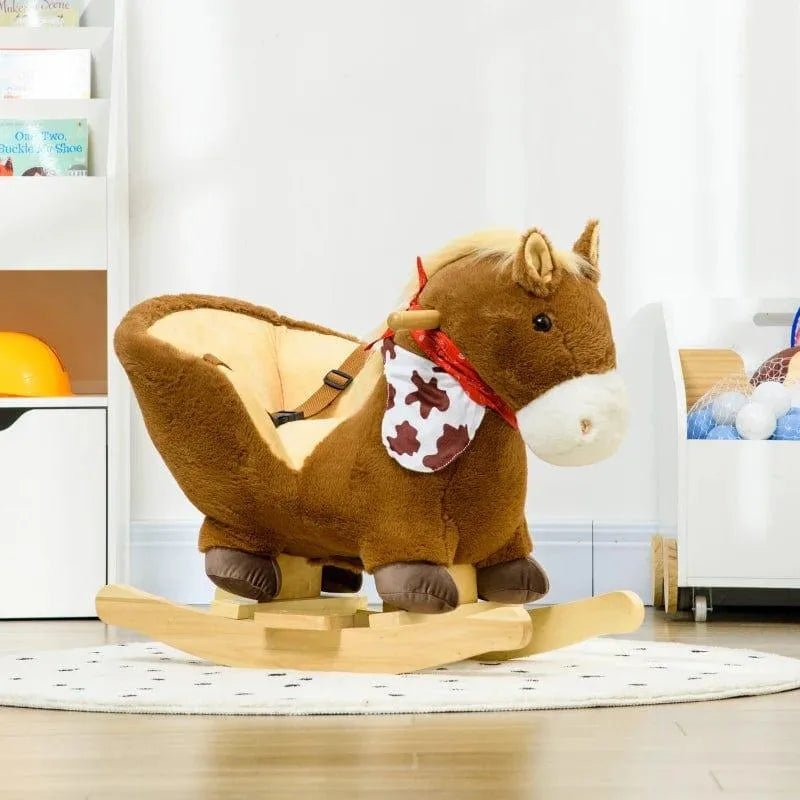 Horse Rocking Animal – Brown Velvet Plush | Authentic Sounds and Foot Pedals HOMCOM
