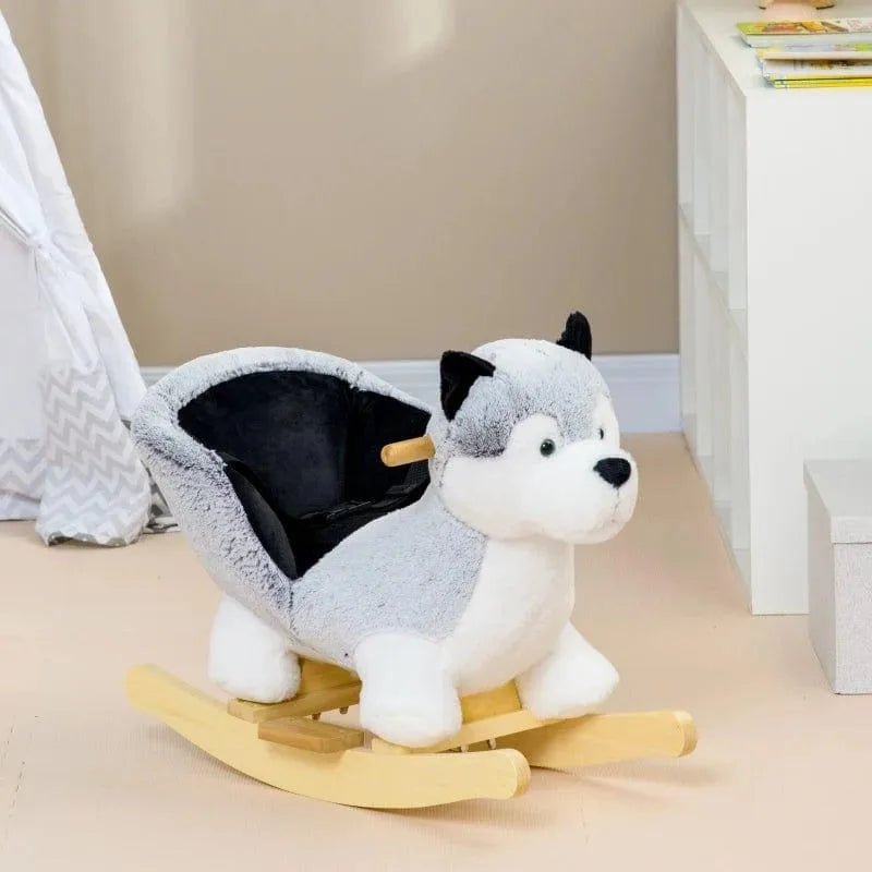 Husky Rocking Horse – Grey and Black Plush | Authentic Sounds and Safe Wooden Rocker HOMCOM