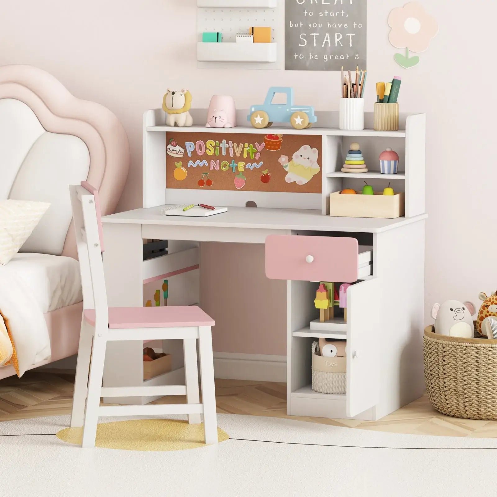 Kids Desk and Chair Set – Pink and White | Study Table - Storage and Bulletin Board COSTWAY