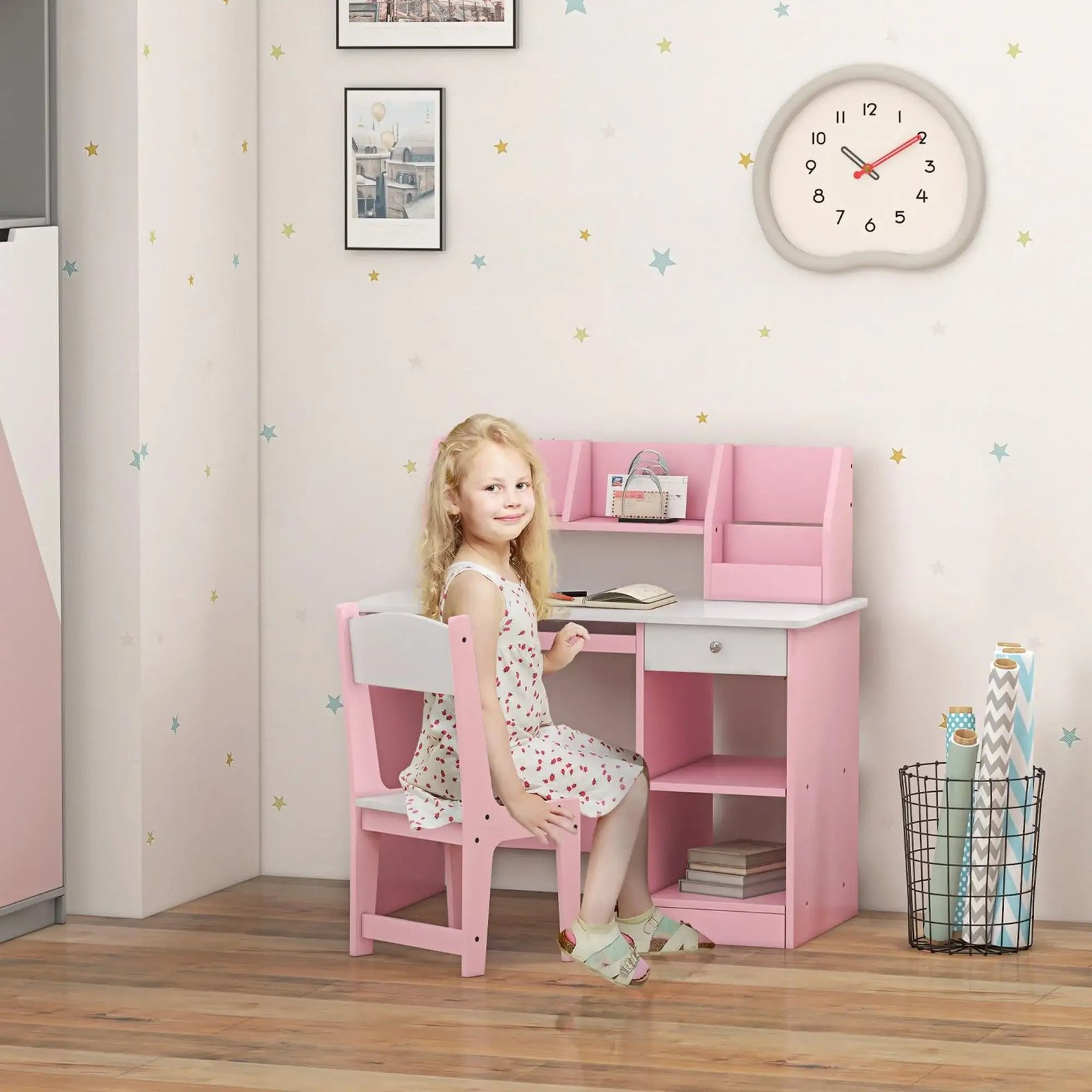 Kids Desk and Chair Set - Pink | Study Table with Storage ZONEKIZ