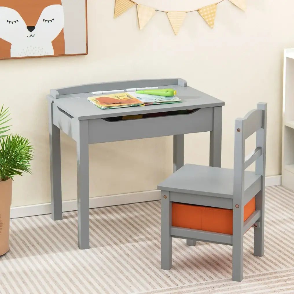 Kids Flip Top Desk and Chair Set - Grey | Educational Furniture with Storage COSTWAY