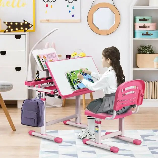 Kids Study Desk and Chair Set - Pink | Adjustable Height, Lamp and Storage COSTWAY
