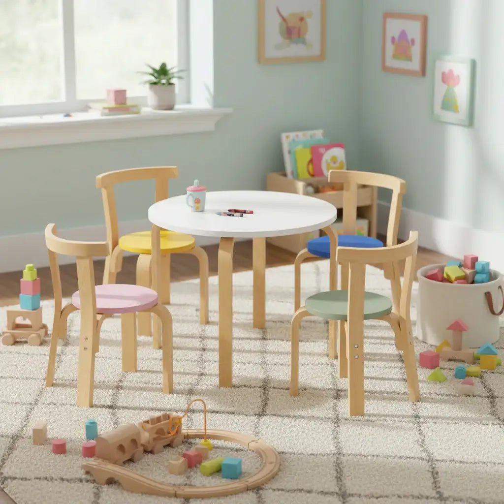 Kids Table and Chair Set – 5-Piece Wooden Play Set | Colourful Design AIYAPLAY