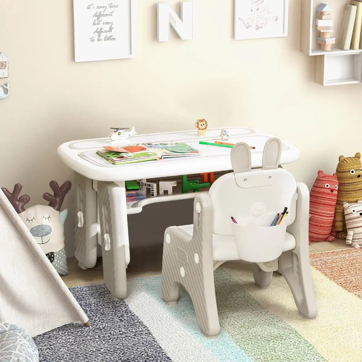 Kids Table and Chair Set – Grey | Adjustable Art Desk - 2 Magnetic Drawing Boards COSTWAY