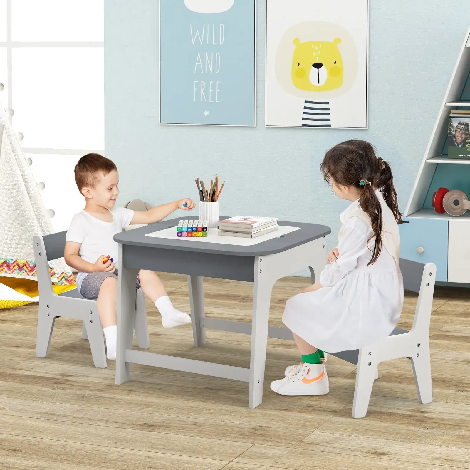Kids Table and Chairs Set – Grey and Natural | Double-Sided Activity Table COSTWAY