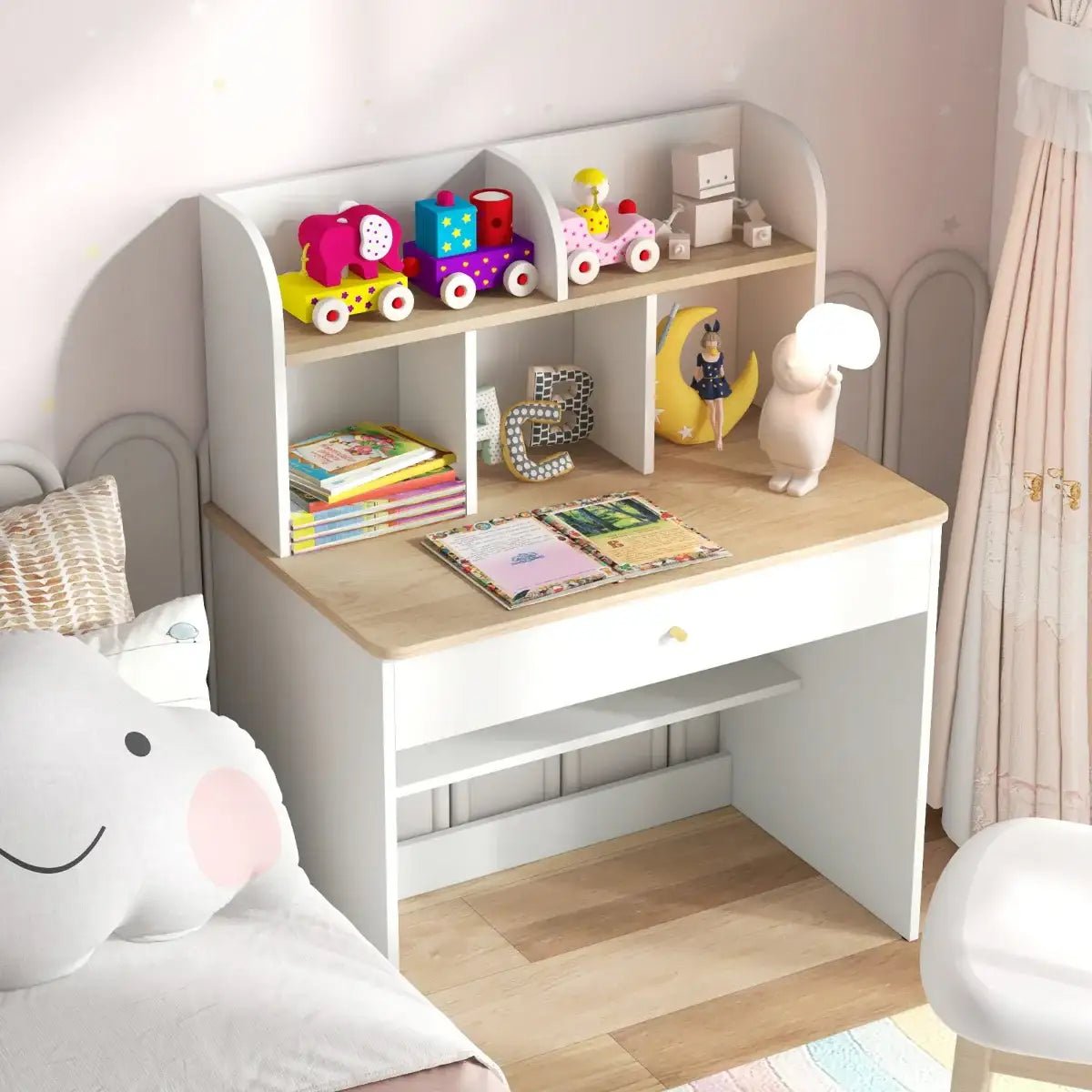 Kids Wooden Study Desk | Learning Table with Drawer and Storage Hutches COSTWAY