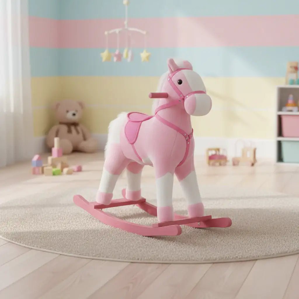 Rocking Horse – Pink | Neighing Sound and Sturdy Wooden Rocker Frame HOMCOM