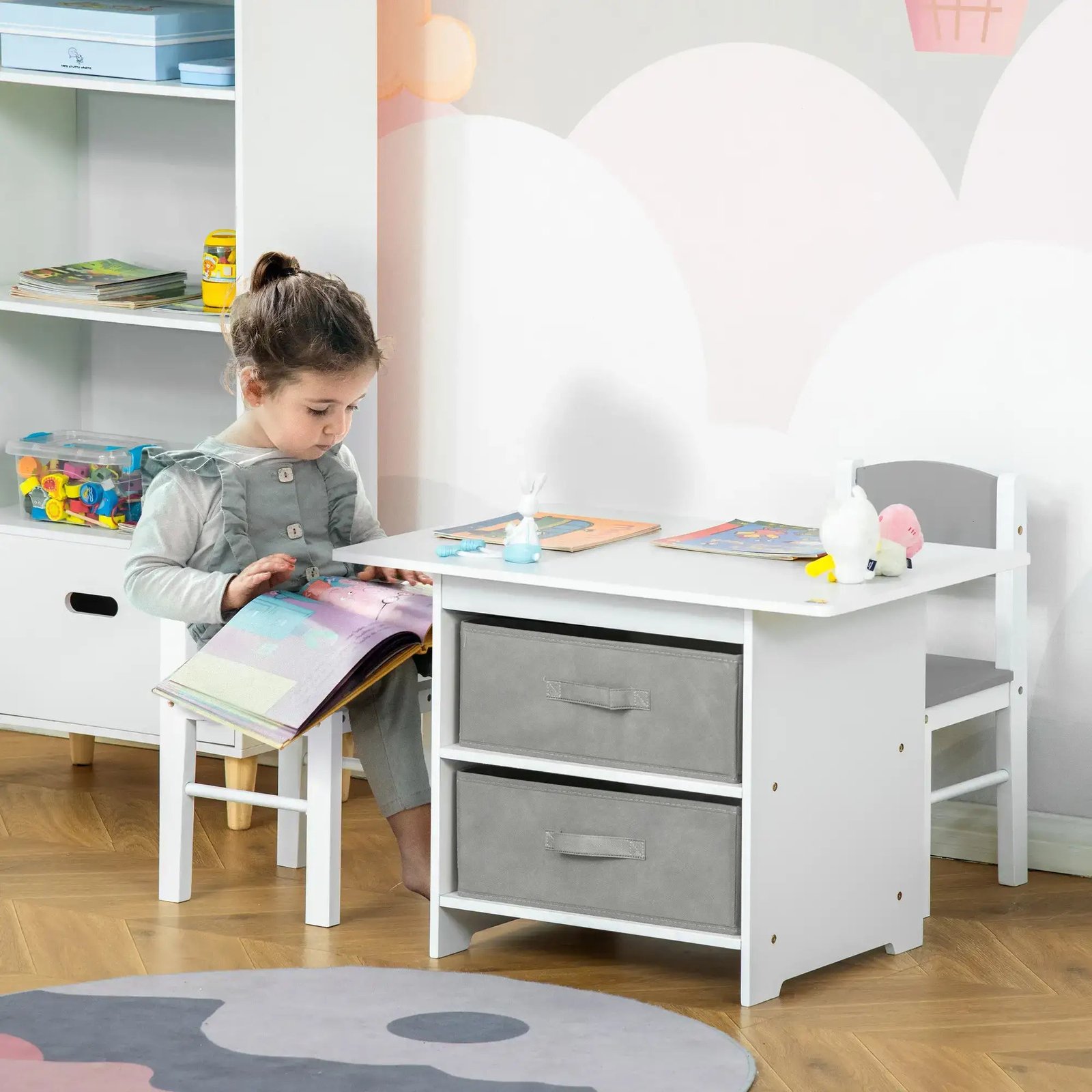 Three-Piece Kids Table Chair Set - White and Grey | Storage Drawers HOMCOM