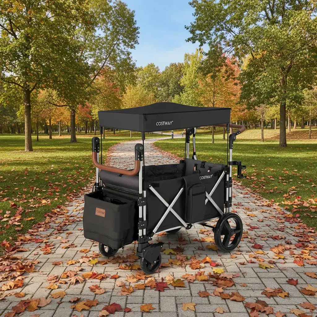 Twin Stroller Wagon – Black | 2-Seater Outdoor Pull and Push Wagon - All-Terrain Wheels COSTWAY
