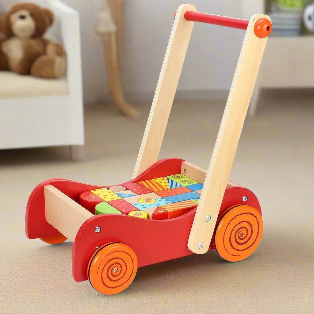 Wooden Baby Walker with 30 Building Blocks | First Steps Learning Toy SOKA