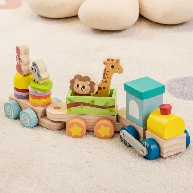 Wooden Stackable Train Set | Educational Building Toy with Animals and Blocks COSTWAY