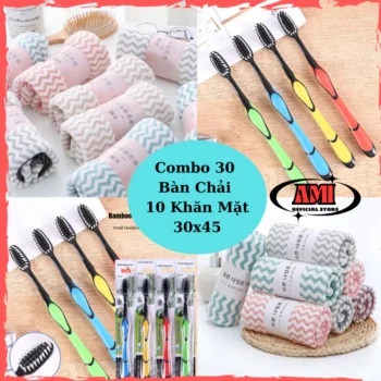 COMBO 30 Bàn Chải Đánh Răng + 10 Khăn Mặt Sóng Hàn Quốc